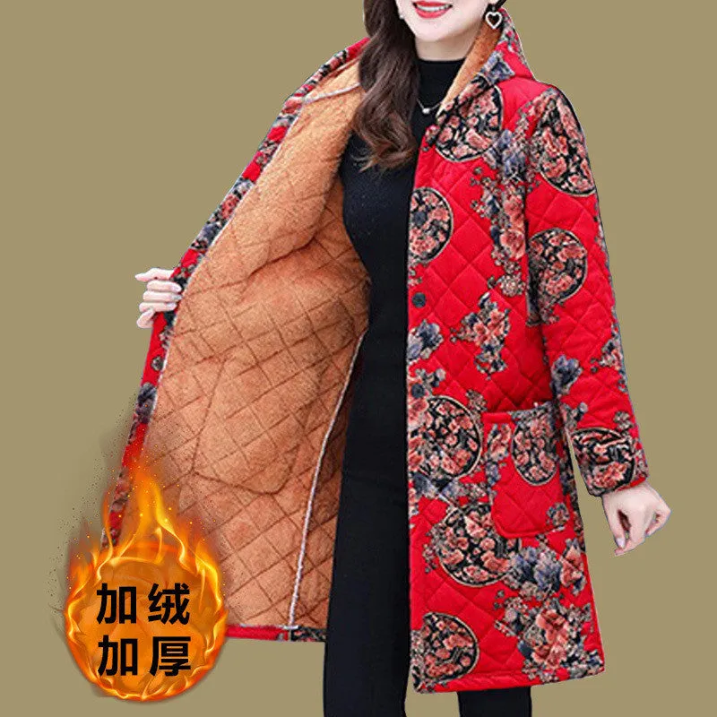 METAVERSMALL New mother velvet thickened cotton-padded clothes medium and long women wear large size warm cotton-padded jackets middle-aged and elderly women lapel cotton-padded clothes