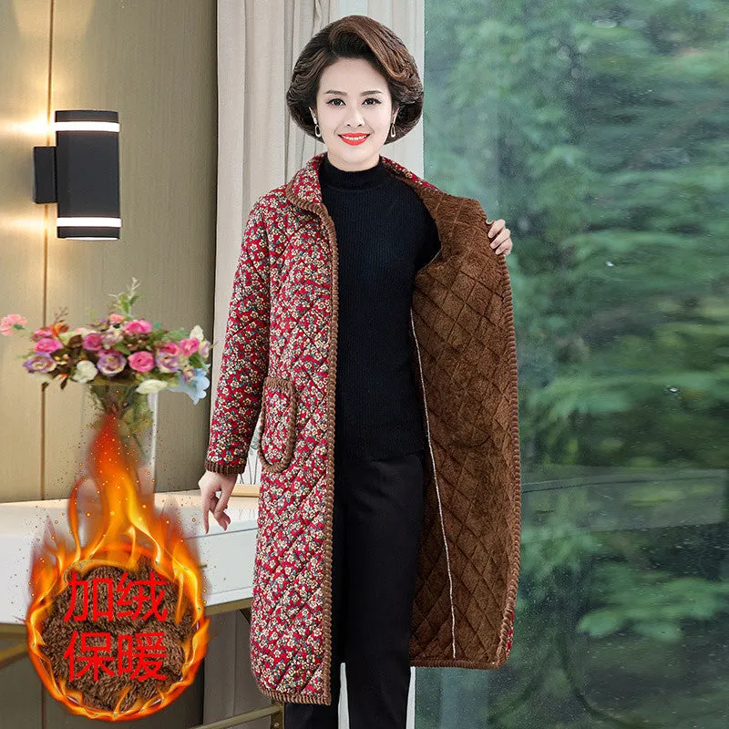 METAVERSMALL New mother velvet thickened cotton-padded clothes medium and long women wear large size warm cotton-padded jackets middle-aged and elderly women lapel cotton-padded clothes