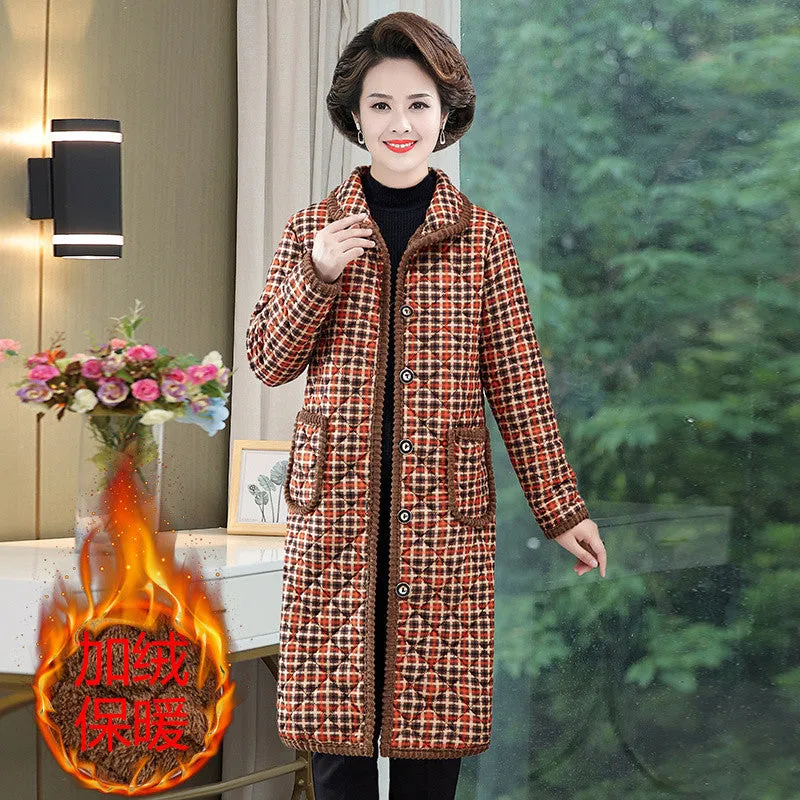 METAVERSMALL New mother velvet thickened cotton-padded clothes medium and long women wear large size warm cotton-padded jackets middle-aged and elderly women lapel cotton-padded clothes