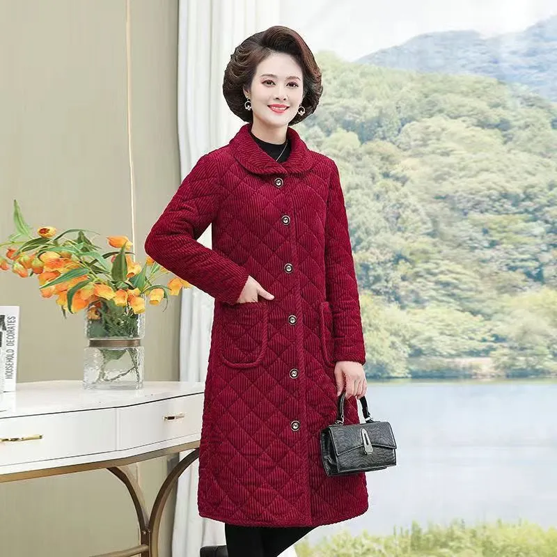 METAVERSMALL New mother velvet thickened cotton-padded clothes medium and long women wear large size warm cotton-padded jackets middle-aged and elderly women lapel cotton-padded clothes