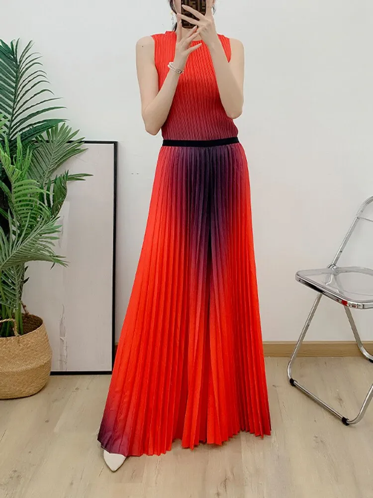 Miyake Pleated Gradient Top and Wide Leg Pants Set