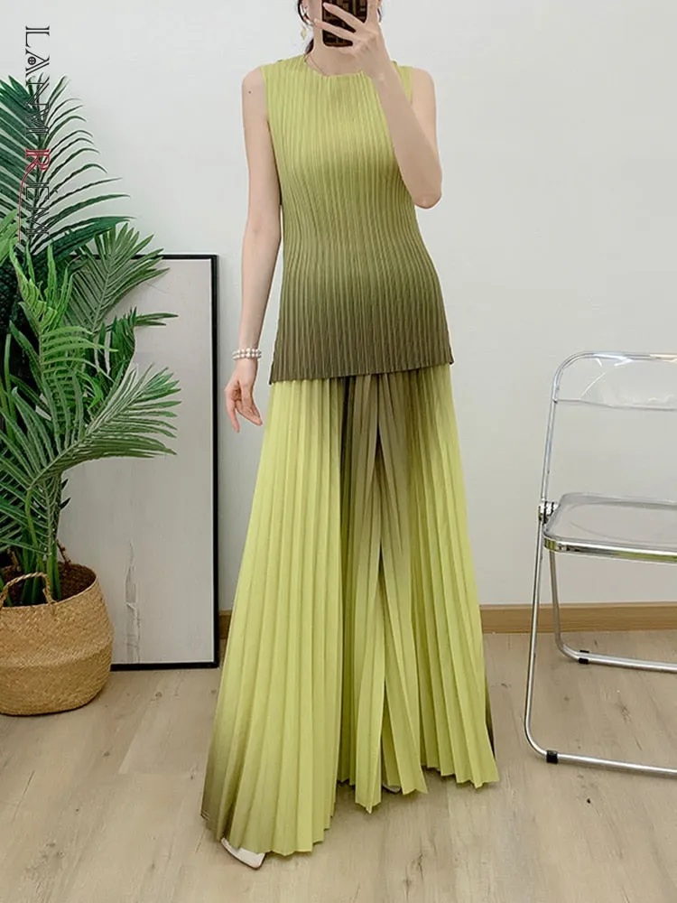 Miyake Pleated Gradient Top and Wide Leg Pants Set