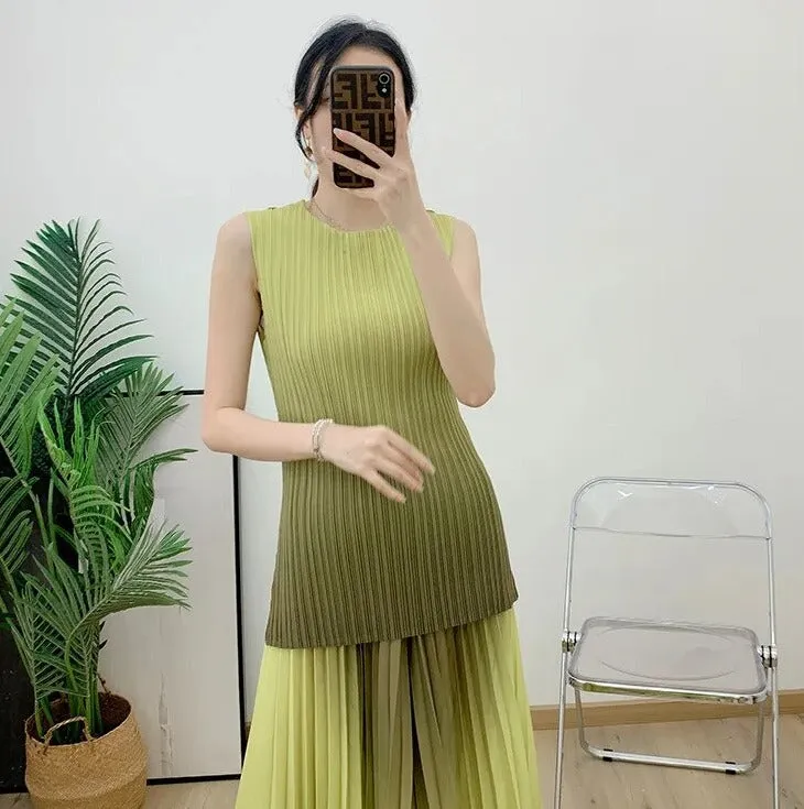 Miyake Pleated Gradient Top and Wide Leg Pants Set