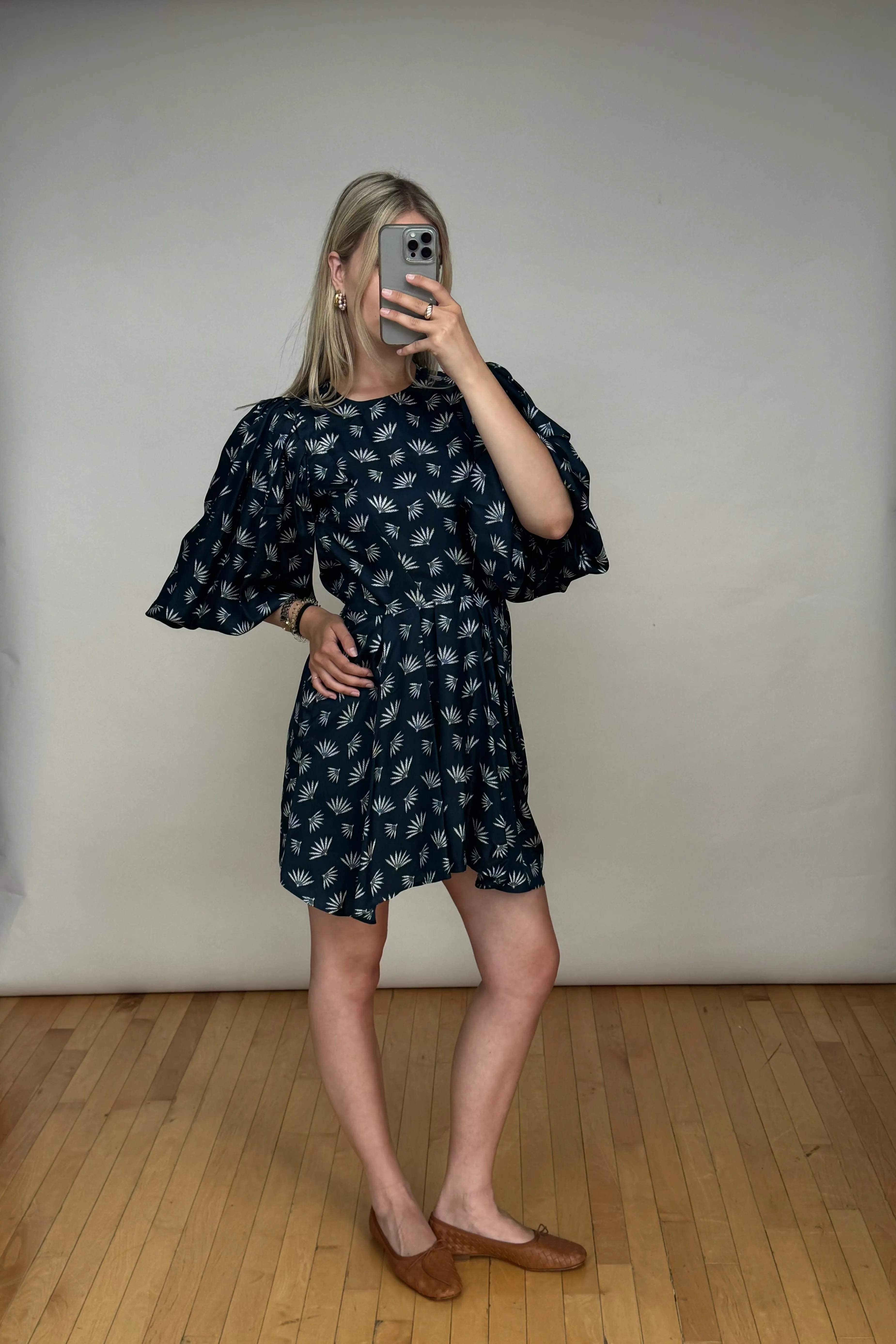 Navy & White Silk Printed Reone Dress