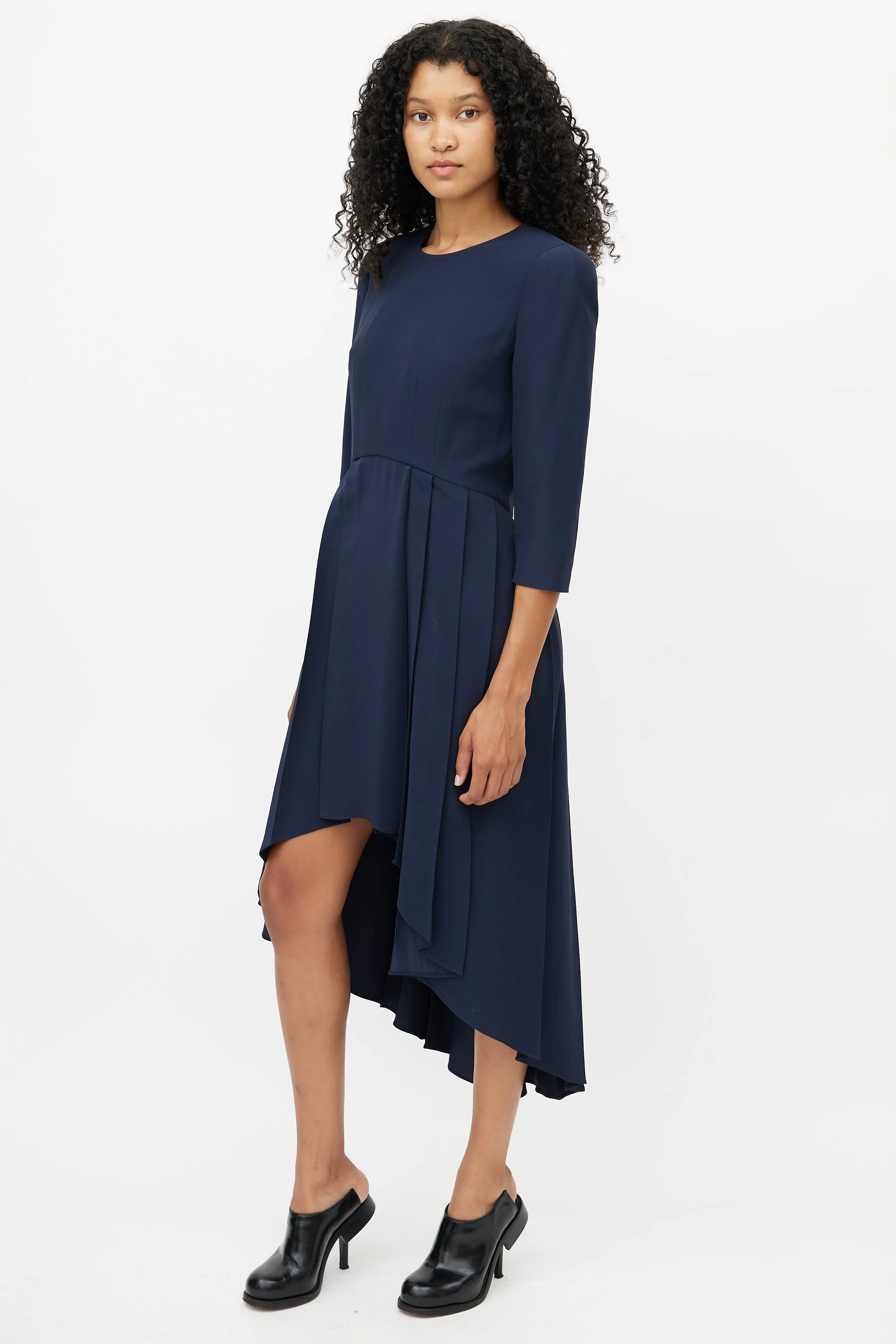 Navy Pleated Hi-Low Dress