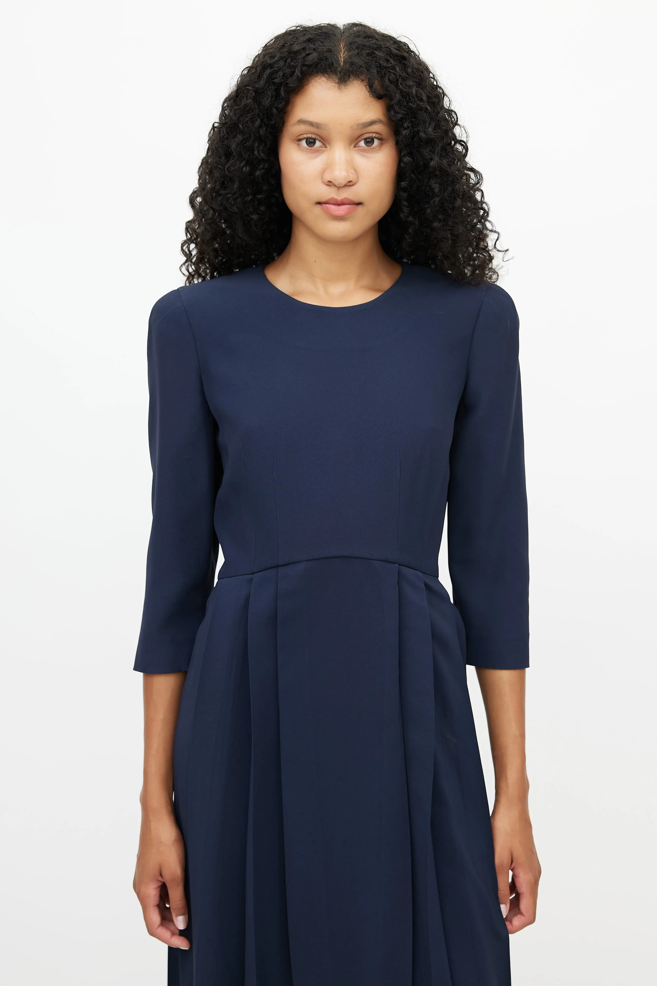 Navy Pleated Hi-Low Dress