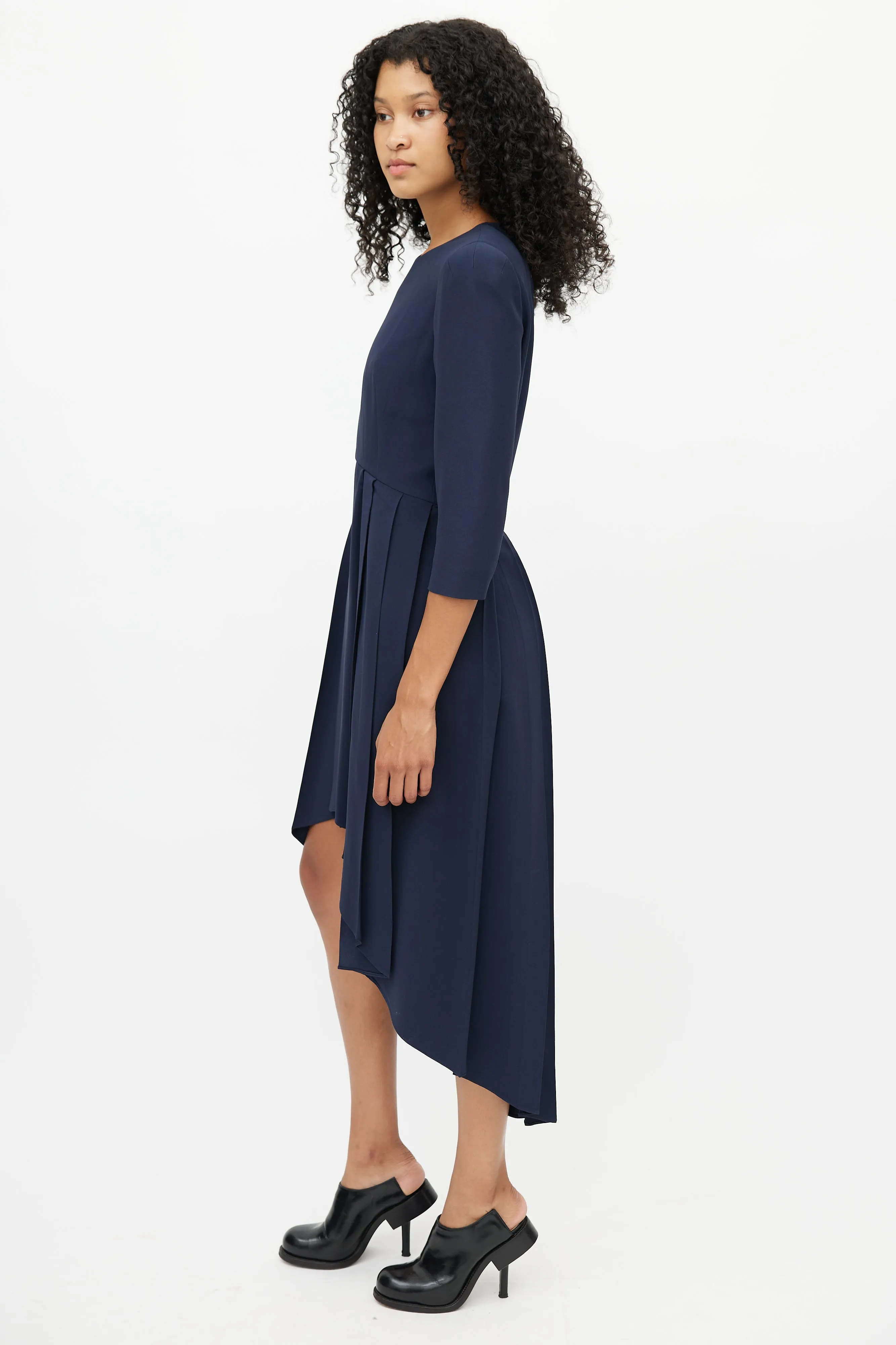 Navy Pleated Hi-Low Dress