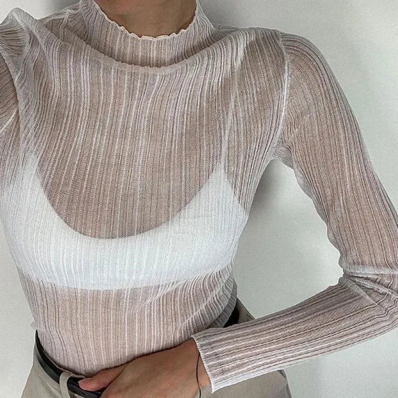 Neck See Slim Knitted Through Mock White Long Sleeve Autumn T-shirt