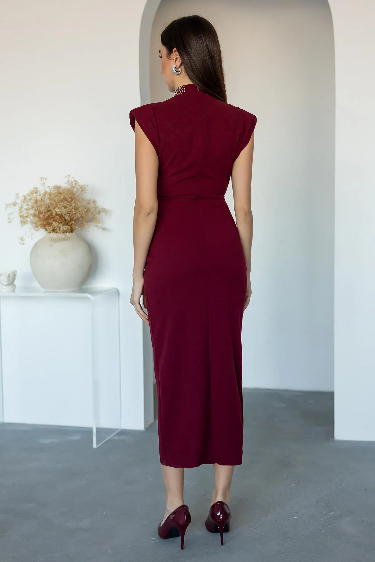 Neck Stoned Wrap Dress - CLARET red