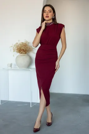 Neck Stoned Wrap Dress - CLARET red