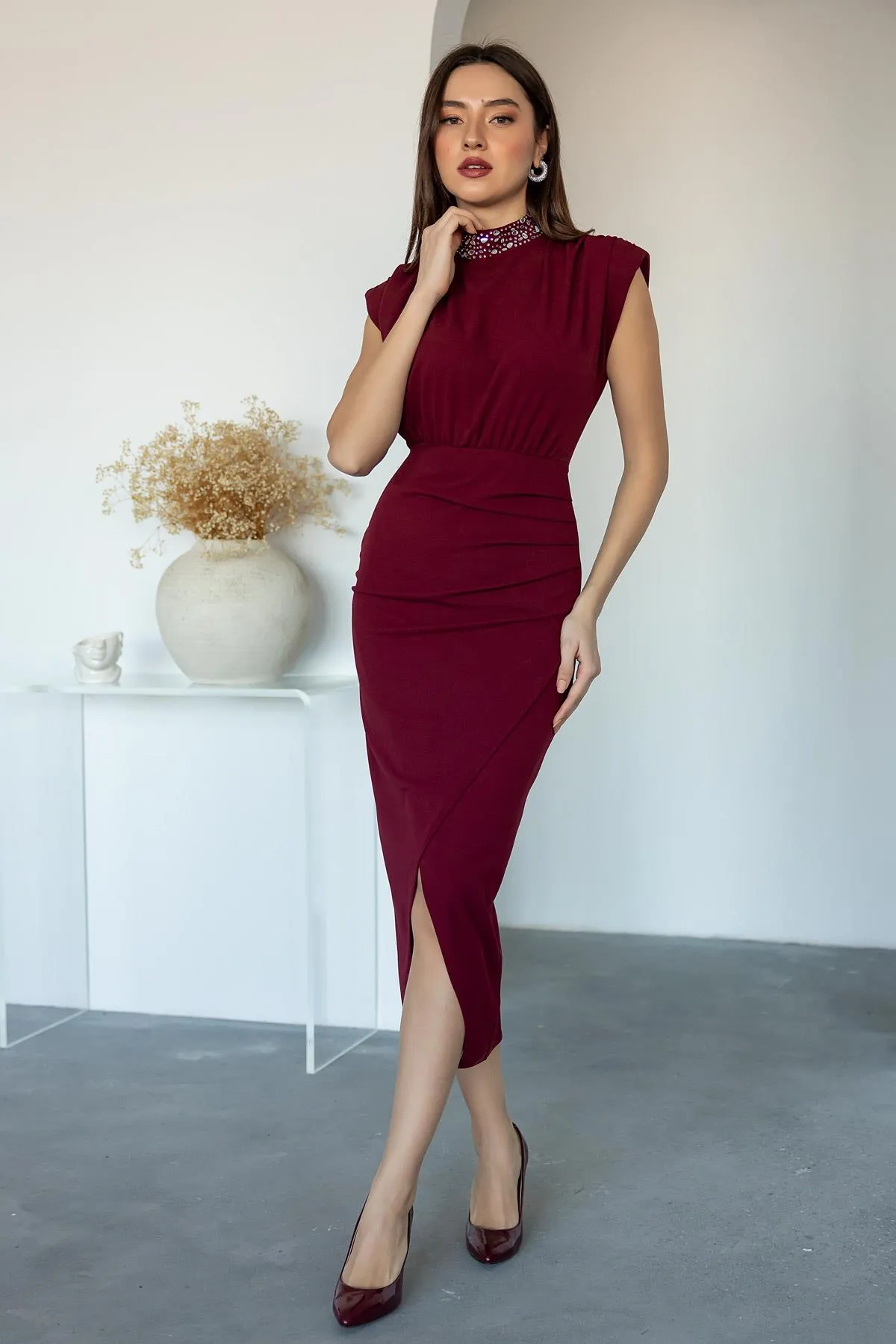 Neck Stoned Wrap Dress - CLARET red