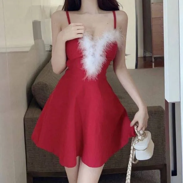 Neely Strappy Fuzzy V Neck A-Line Christmas Mini Dress