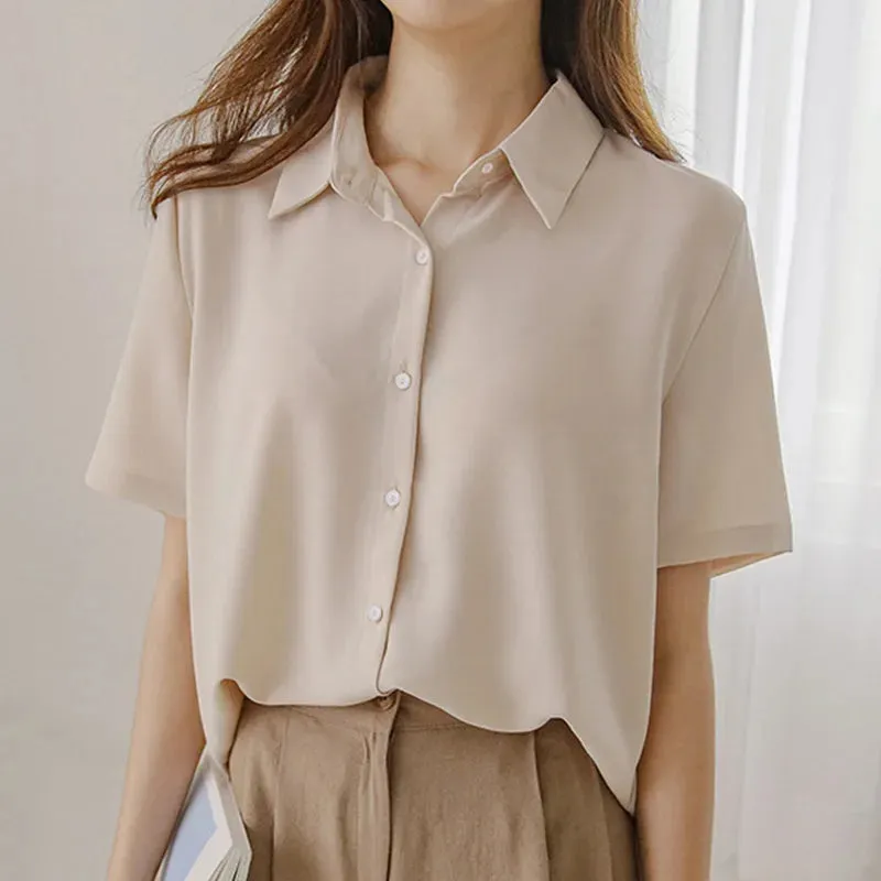 New Women'S Summer Lapel Short Sleeved Slimming Casual Versatile Shirt Female Comfortable Thin Fashionable Professional Top