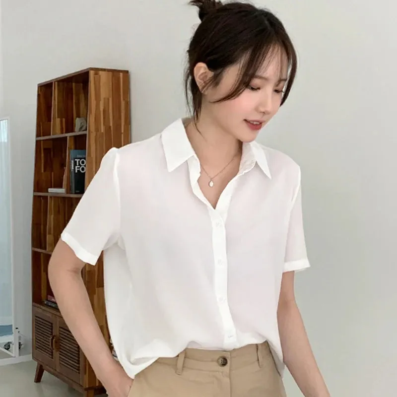 New Women'S Summer Lapel Short Sleeved Slimming Casual Versatile Shirt Female Comfortable Thin Fashionable Professional Top