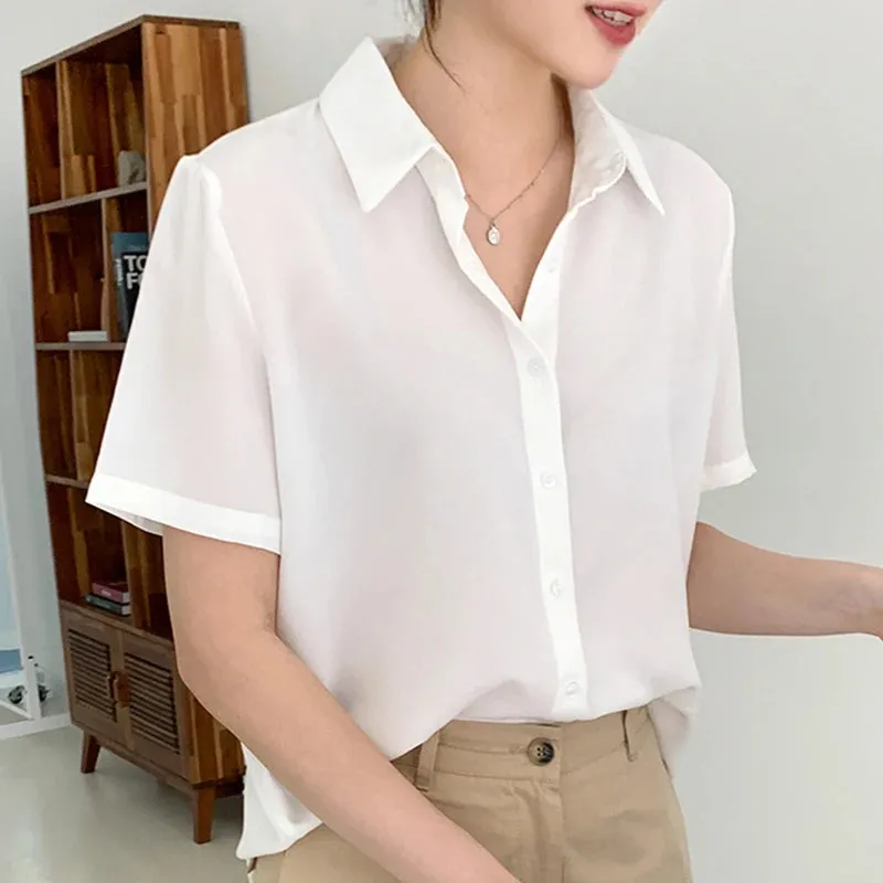 New Women'S Summer Lapel Short Sleeved Slimming Casual Versatile Shirt Female Comfortable Thin Fashionable Professional Top