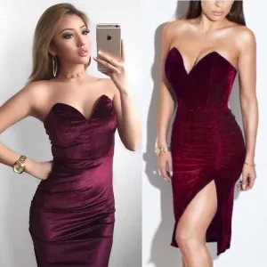 Nightclub party dress dress sexy retro red velvet high slit tube top slim dress