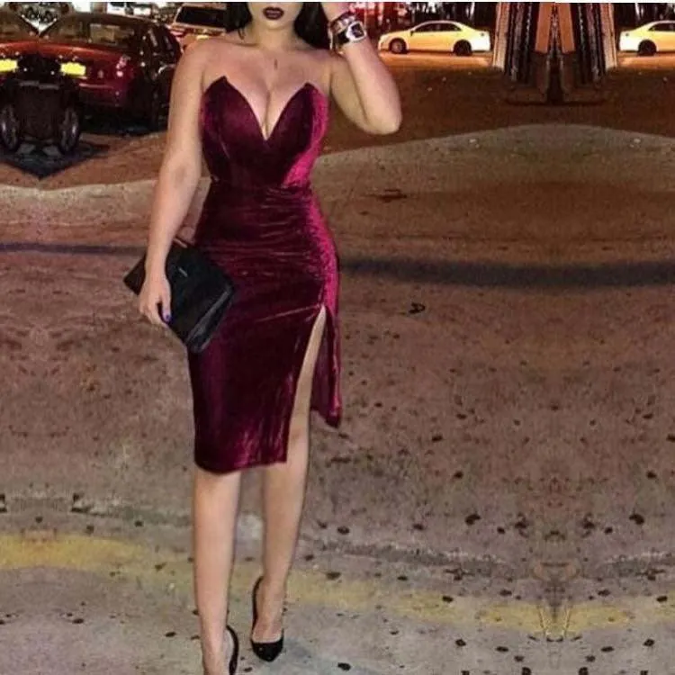 Nightclub party dress dress sexy retro red velvet high slit tube top slim dress