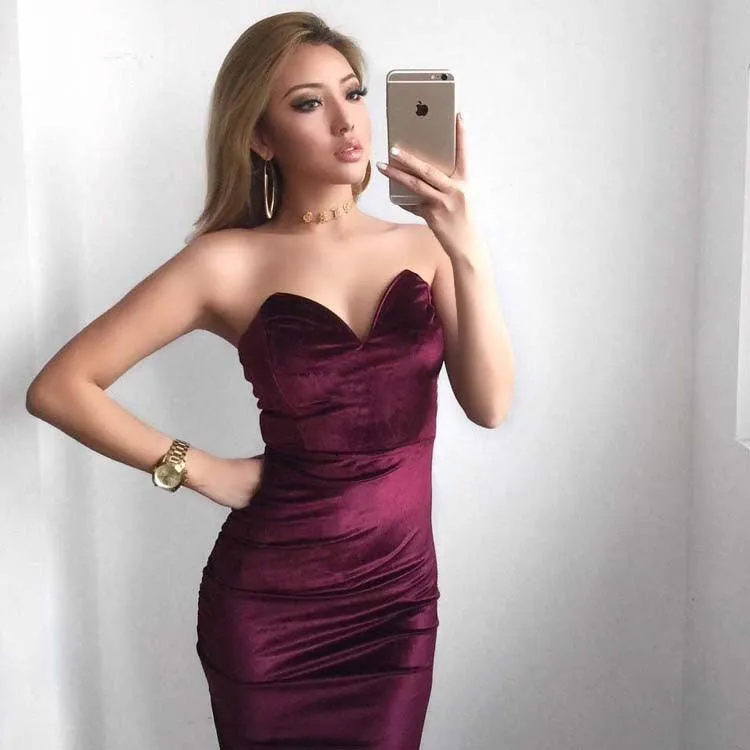 Nightclub party dress dress sexy retro red velvet high slit tube top slim dress