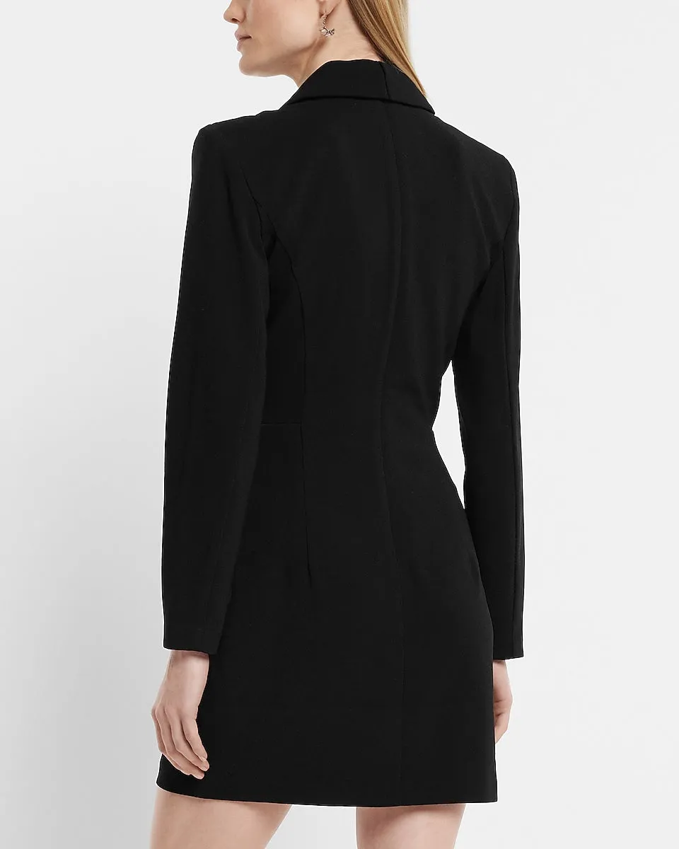 Notch Lapel Padded Shoulder Mini Blazer Dress in Pitch Black