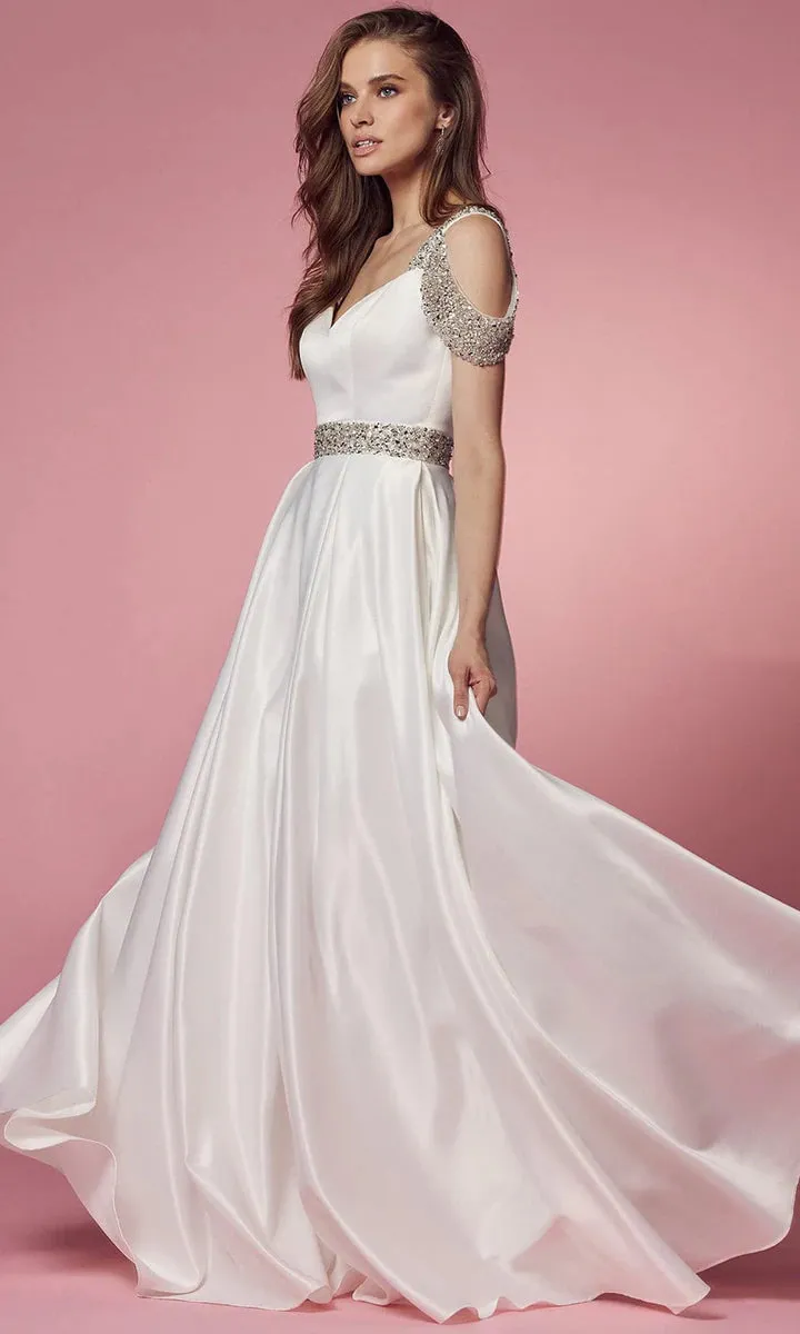 Nox Anabel R224W Size 4, 8, 16 White Long Satin A Line Ballgown Pockets Off the shoulder Dress Pageant Bridal