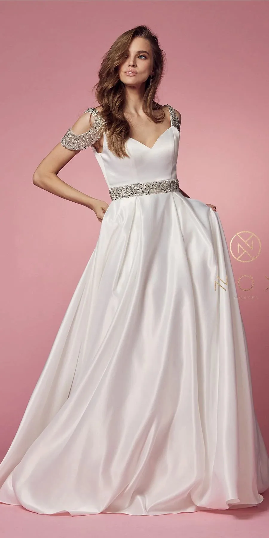 Nox Anabel R224W Size 4, 8, 16 White Long Satin A Line Ballgown Pockets Off the shoulder Dress Pageant Bridal