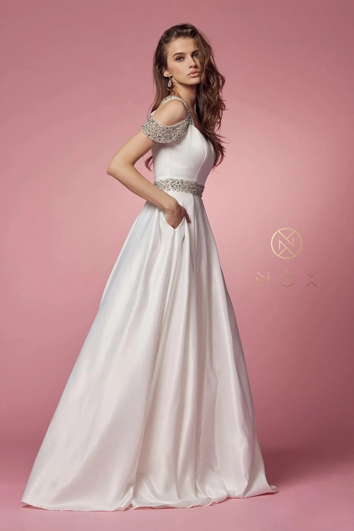 Nox Anabel R224W Size 4, 8, 16 White Long Satin A Line Ballgown Pockets Off the shoulder Dress Pageant Bridal