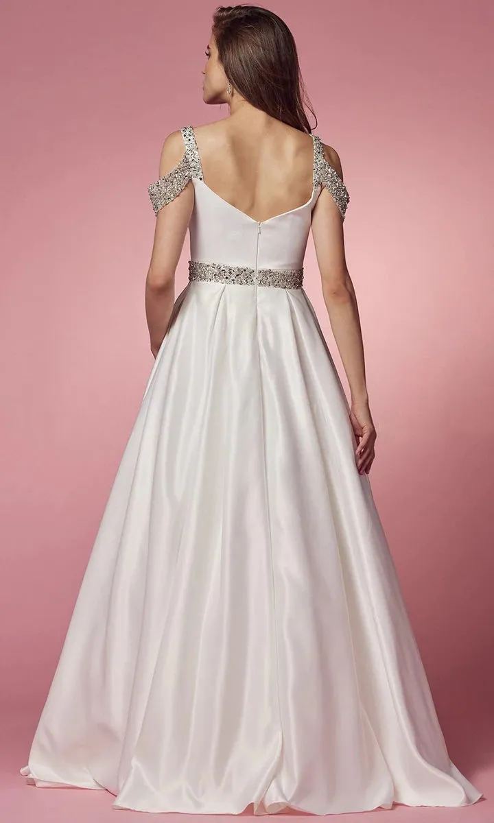 Nox Anabel R224W Size 4, 8, 16 White Long Satin A Line Ballgown Pockets Off the shoulder Dress Pageant Bridal