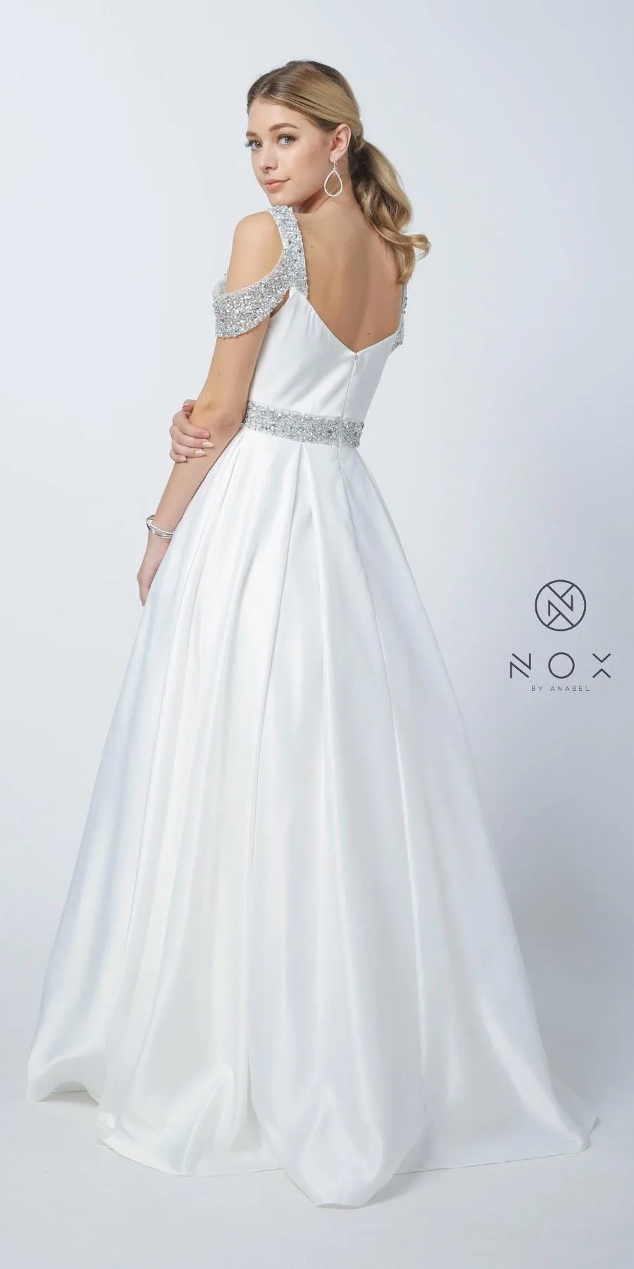 Nox Anabel R224W Size 4, 8, 16 White Long Satin A Line Ballgown Pockets Off the shoulder Dress Pageant Bridal