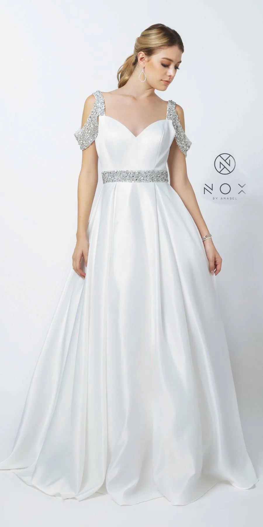 Nox Anabel R224W Size 4, 8, 16 White Long Satin A Line Ballgown Pockets Off the shoulder Dress Pageant Bridal