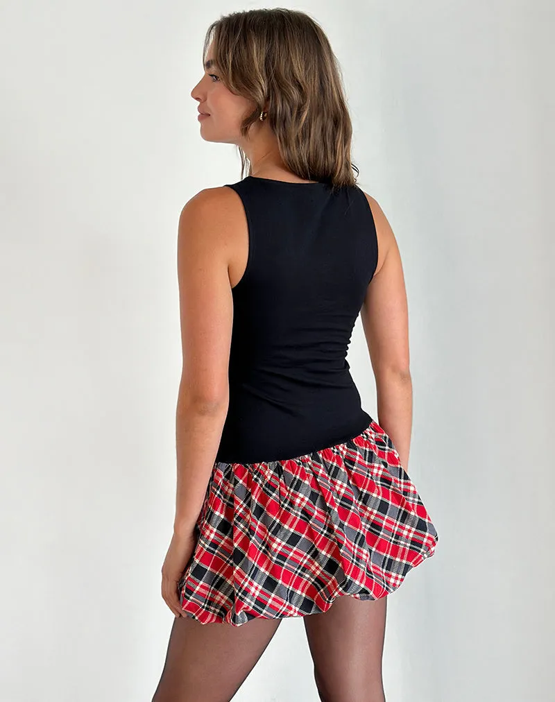 Ortega Mini Dress in Black with Diagonal Check Red