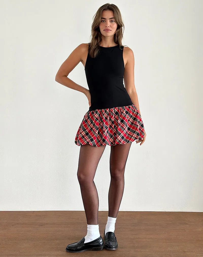 Ortega Mini Dress in Black with Diagonal Check Red