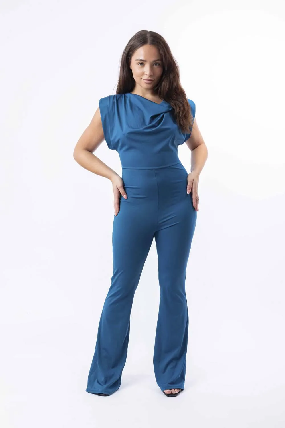 Padded Shoulder Straight Leg Slinky Jumpsuit