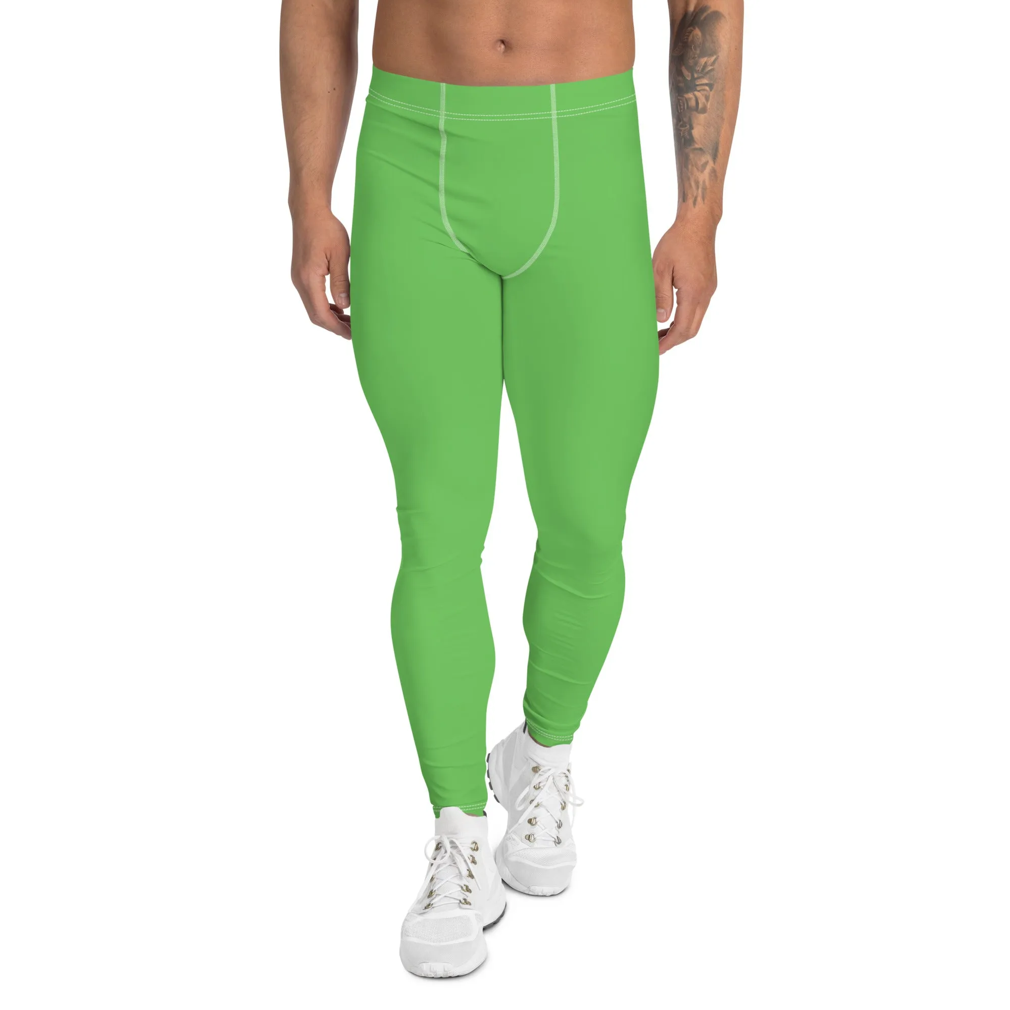 Pastel Green Color Men's Leggings, Solid Bright Pastel Green Color Men's Running Sports Gym Tights