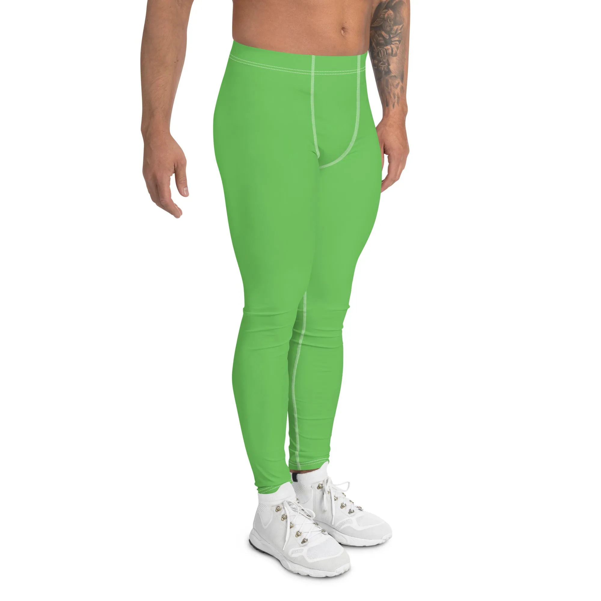 Pastel Green Color Men's Leggings, Solid Bright Pastel Green Color Men's Running Sports Gym Tights