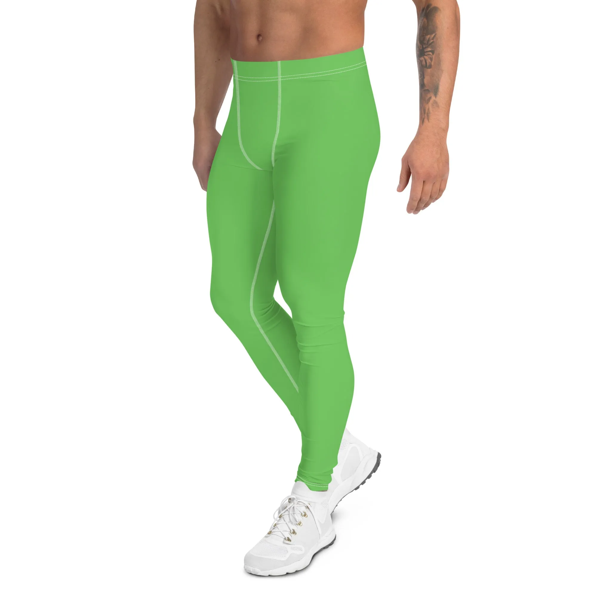 Pastel Green Color Men's Leggings, Solid Bright Pastel Green Color Men's Running Sports Gym Tights