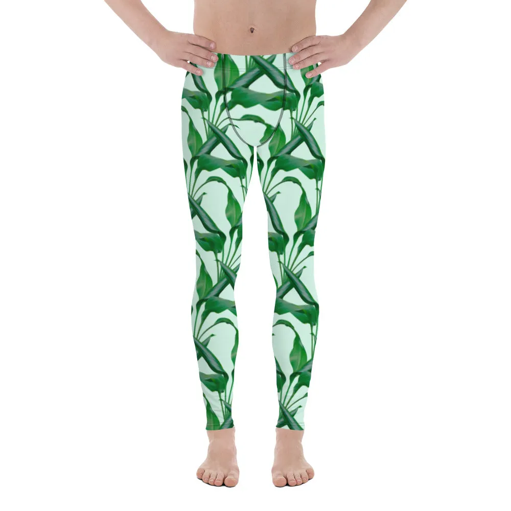 Pastel Green Tropical Men's Leggings, Best Men's Leggings, Tropical Leaves Print Designer Running Compression Tights For Men - Made in USA/EU/MX