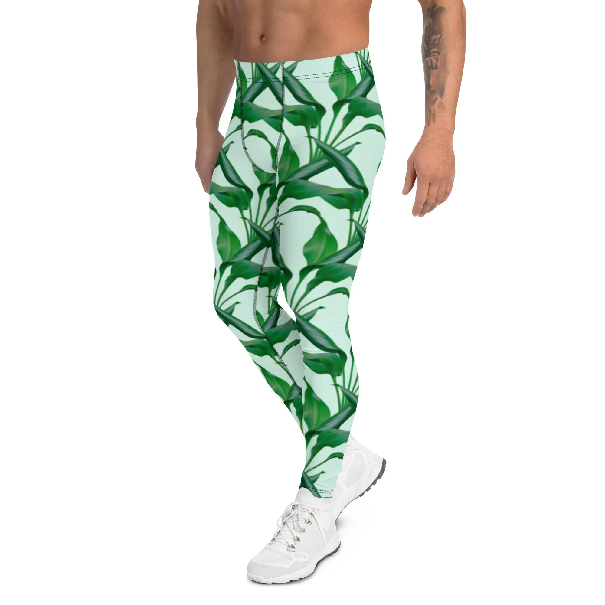 Pastel Green Tropical Men's Leggings, Best Men's Leggings, Tropical Leaves Print Designer Running Compression Tights For Men - Made in USA/EU/MX