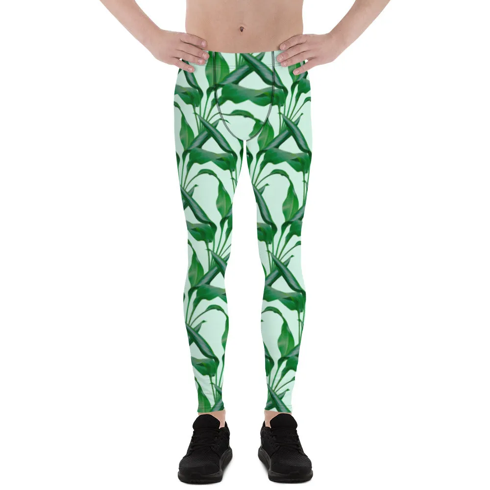 Pastel Green Tropical Men's Leggings, Best Men's Leggings, Tropical Leaves Print Designer Running Compression Tights For Men - Made in USA/EU/MX