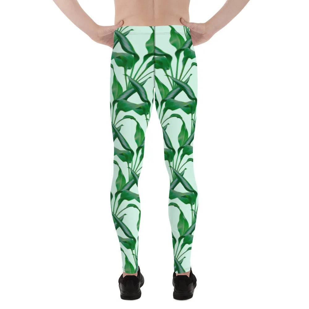 Pastel Green Tropical Men's Leggings, Best Men's Leggings, Tropical Leaves Print Designer Running Compression Tights For Men - Made in USA/EU/MX