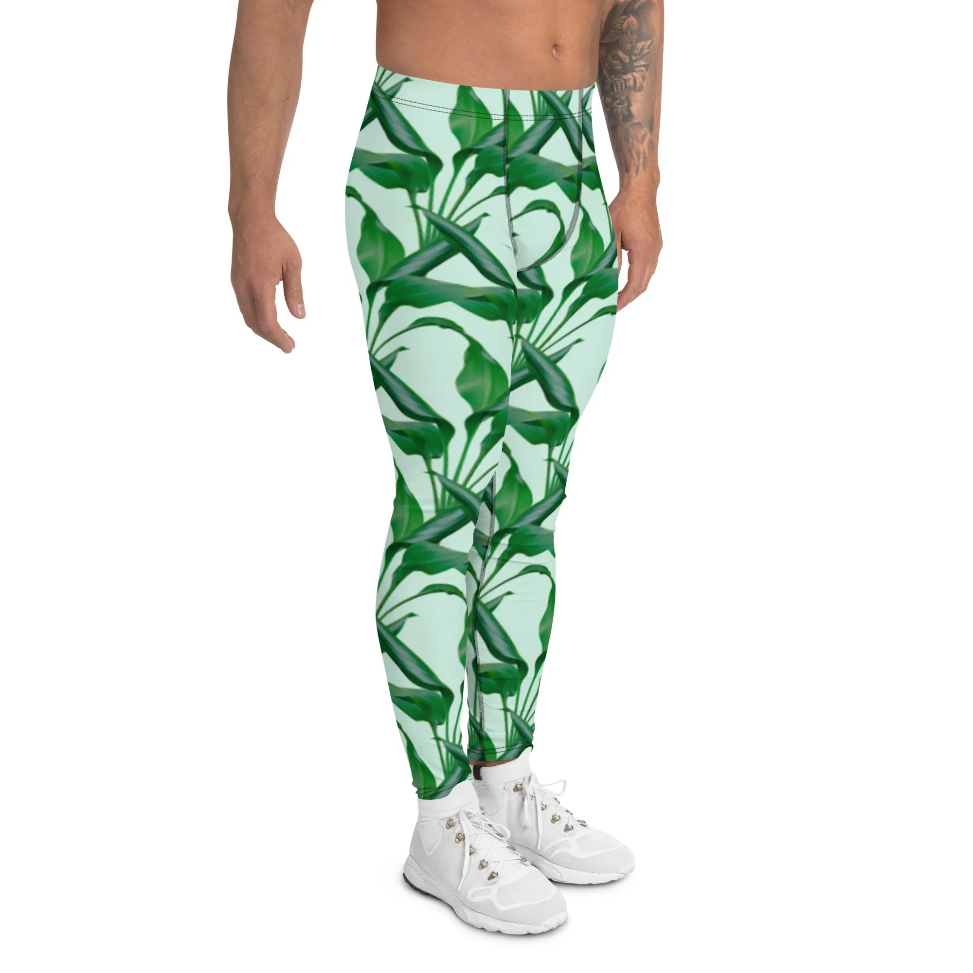 Pastel Green Tropical Men's Leggings, Best Men's Leggings, Tropical Leaves Print Designer Running Compression Tights For Men - Made in USA/EU/MX