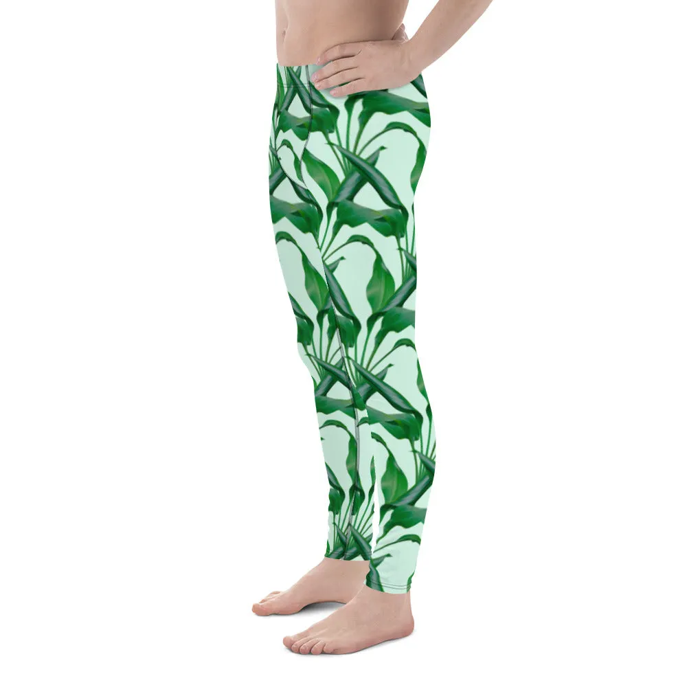 Pastel Green Tropical Men's Leggings, Best Men's Leggings, Tropical Leaves Print Designer Running Compression Tights For Men - Made in USA/EU/MX