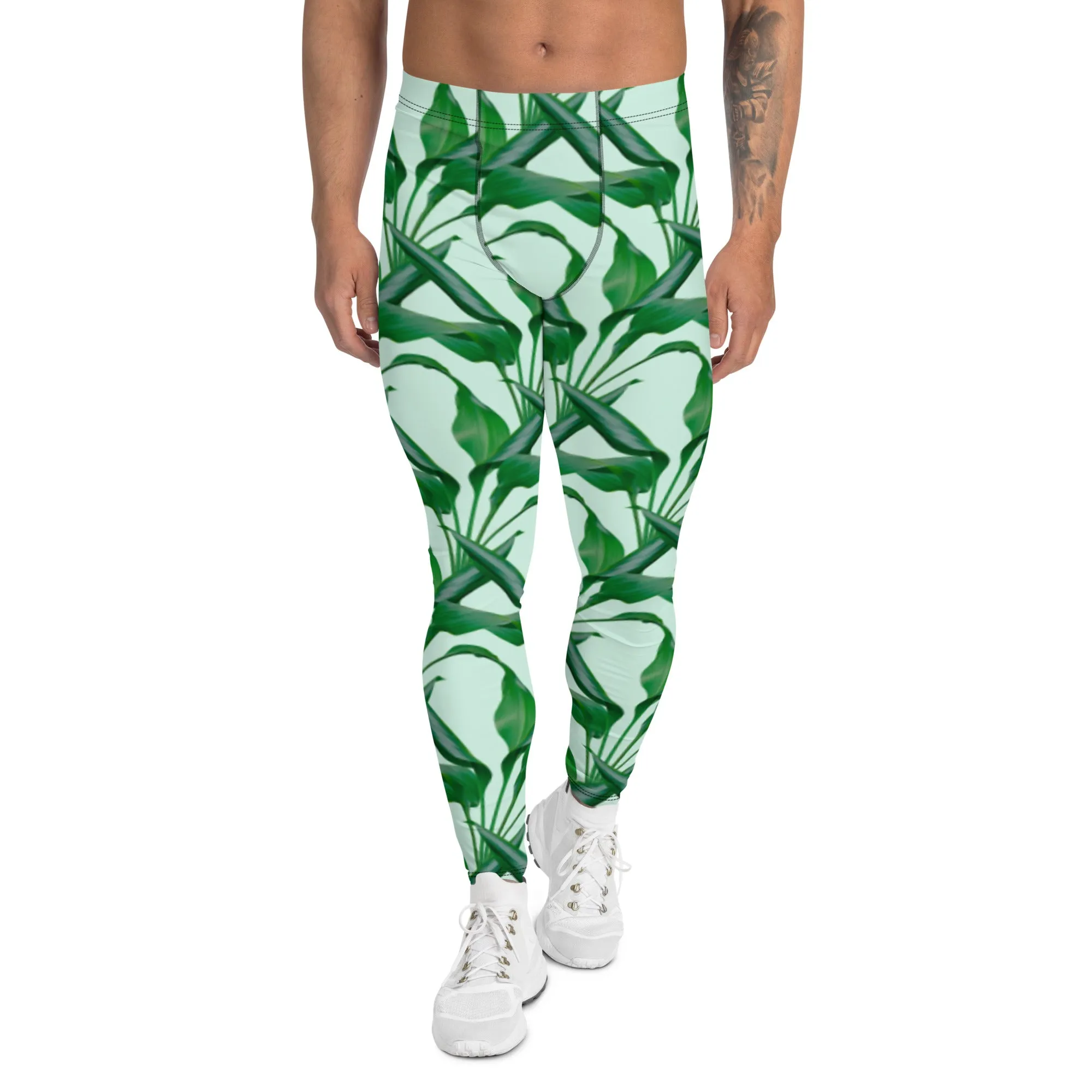 Pastel Green Tropical Men's Leggings, Best Men's Leggings, Tropical Leaves Print Designer Running Compression Tights For Men - Made in USA/EU/MX