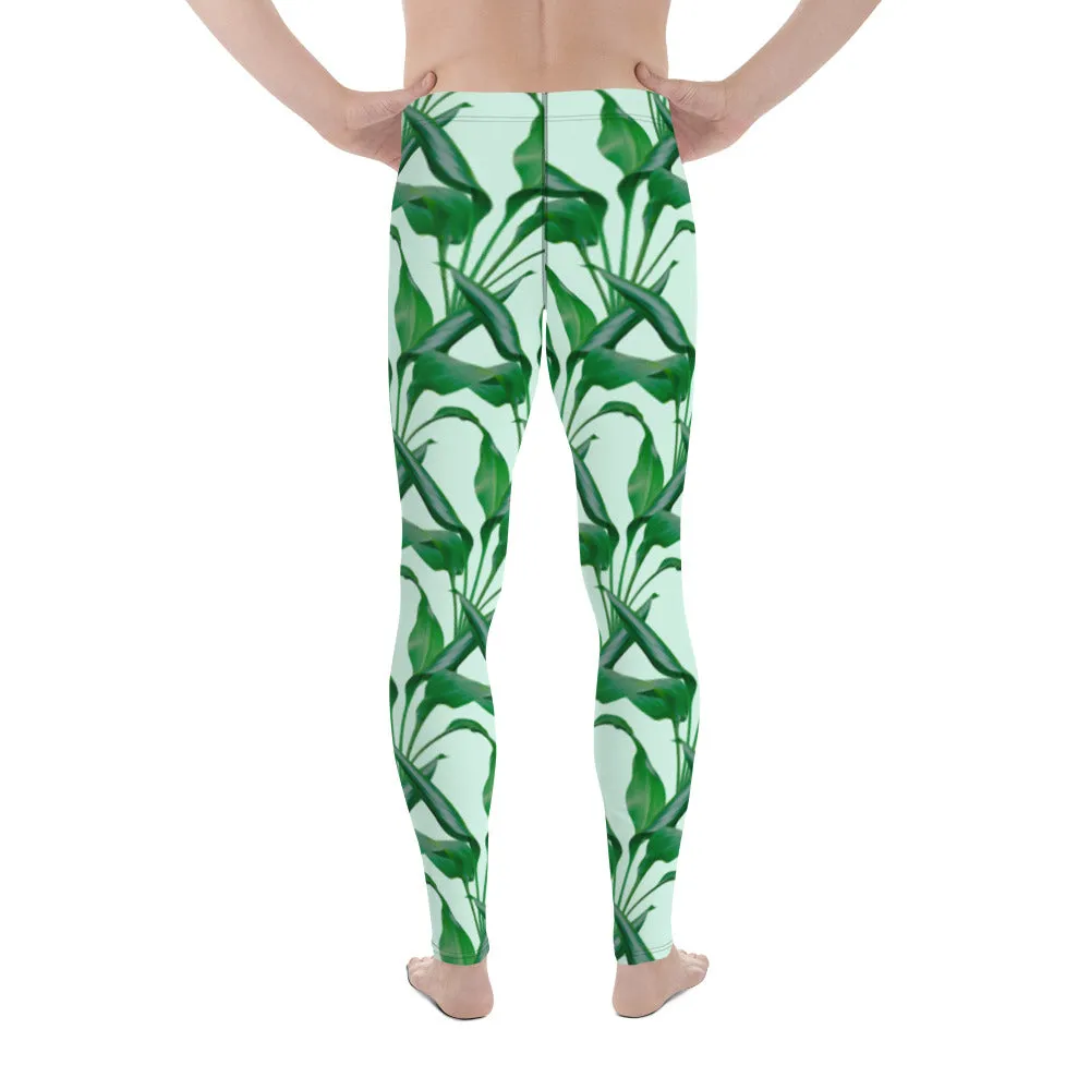 Pastel Green Tropical Men's Leggings, Best Men's Leggings, Tropical Leaves Print Designer Running Compression Tights For Men - Made in USA/EU/MX