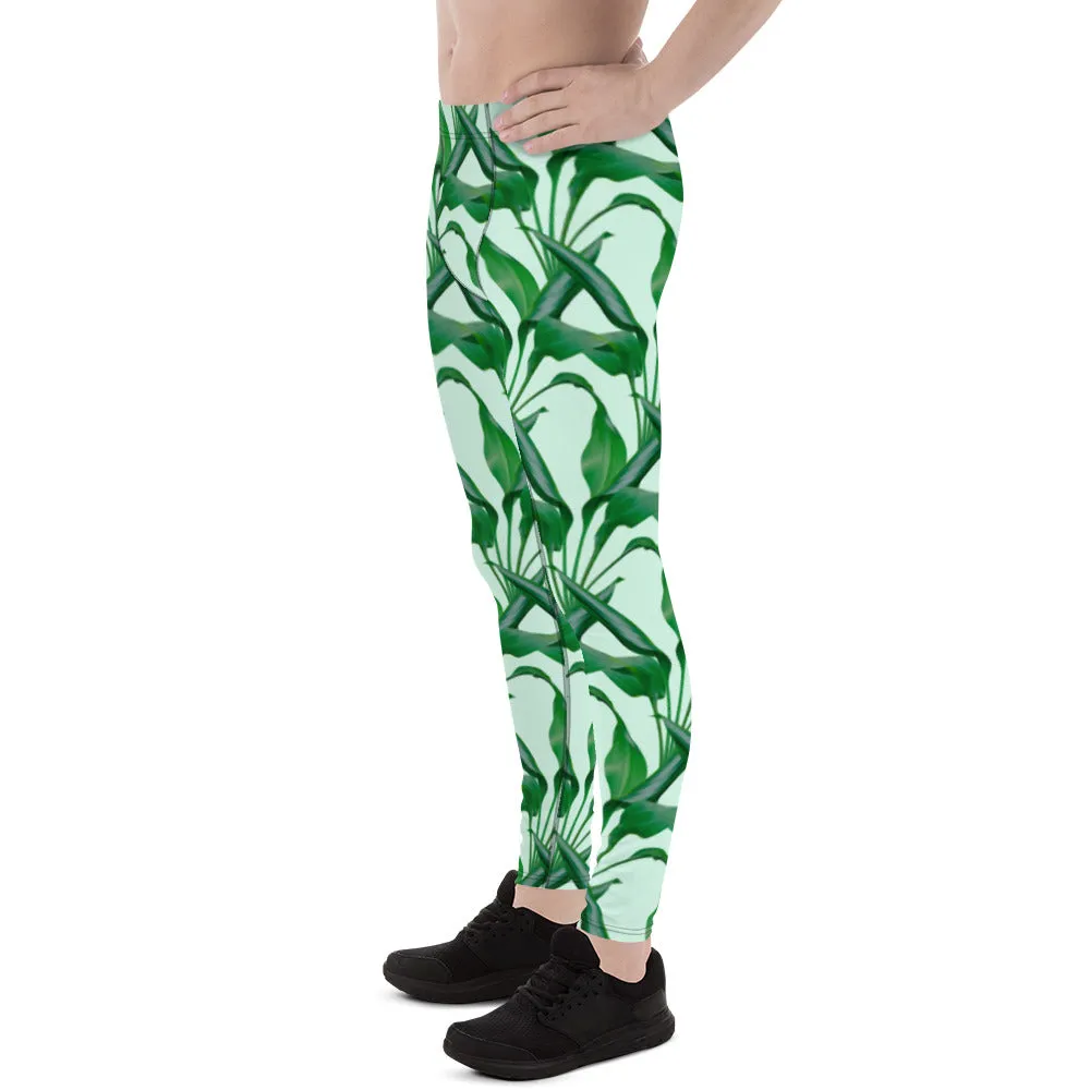 Pastel Green Tropical Men's Leggings, Best Men's Leggings, Tropical Leaves Print Designer Running Compression Tights For Men - Made in USA/EU/MX