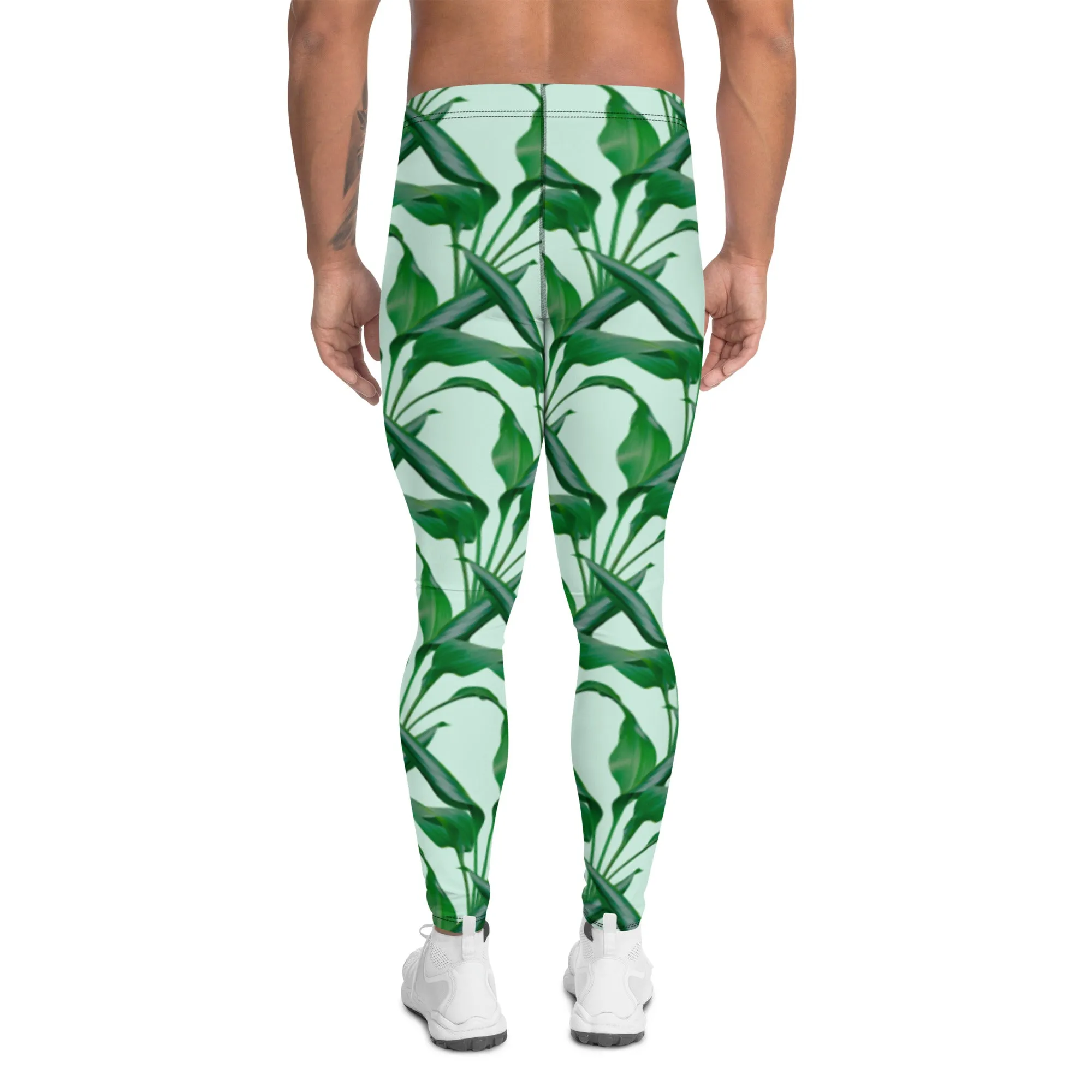 Pastel Green Tropical Men's Leggings, Best Men's Leggings, Tropical Leaves Print Designer Running Compression Tights For Men - Made in USA/EU/MX