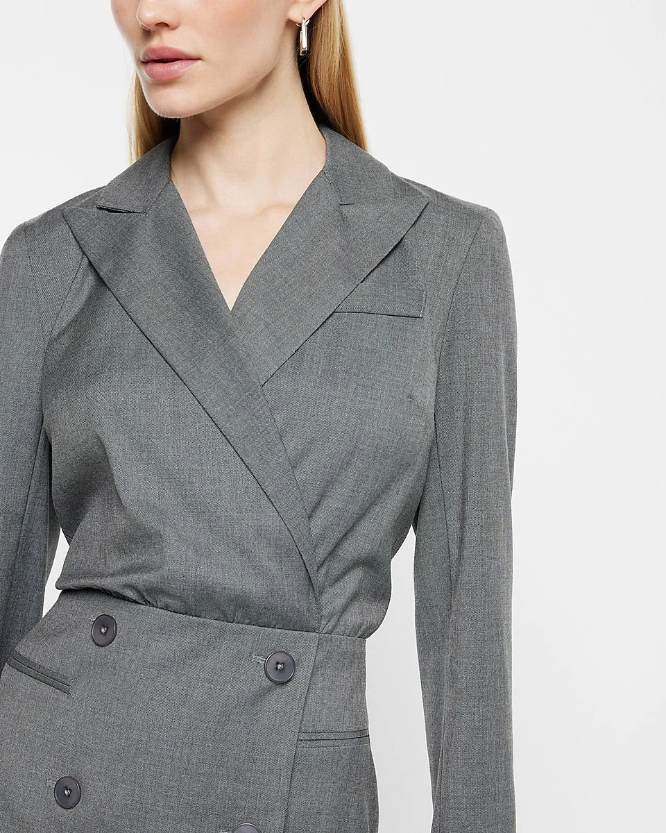 Peak Lapel Wrap Double Breasted Mini Blazer Dress in Dark Grey