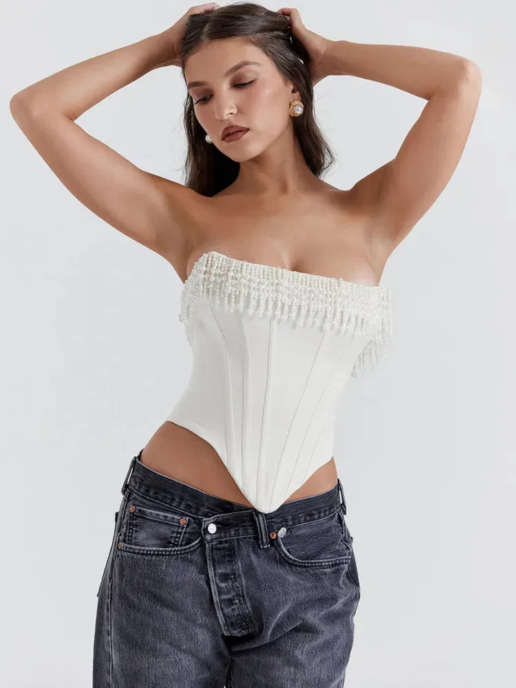 Pearl Tassel Crop Tops Women Off-shoulder Backless Fashion Tank Top