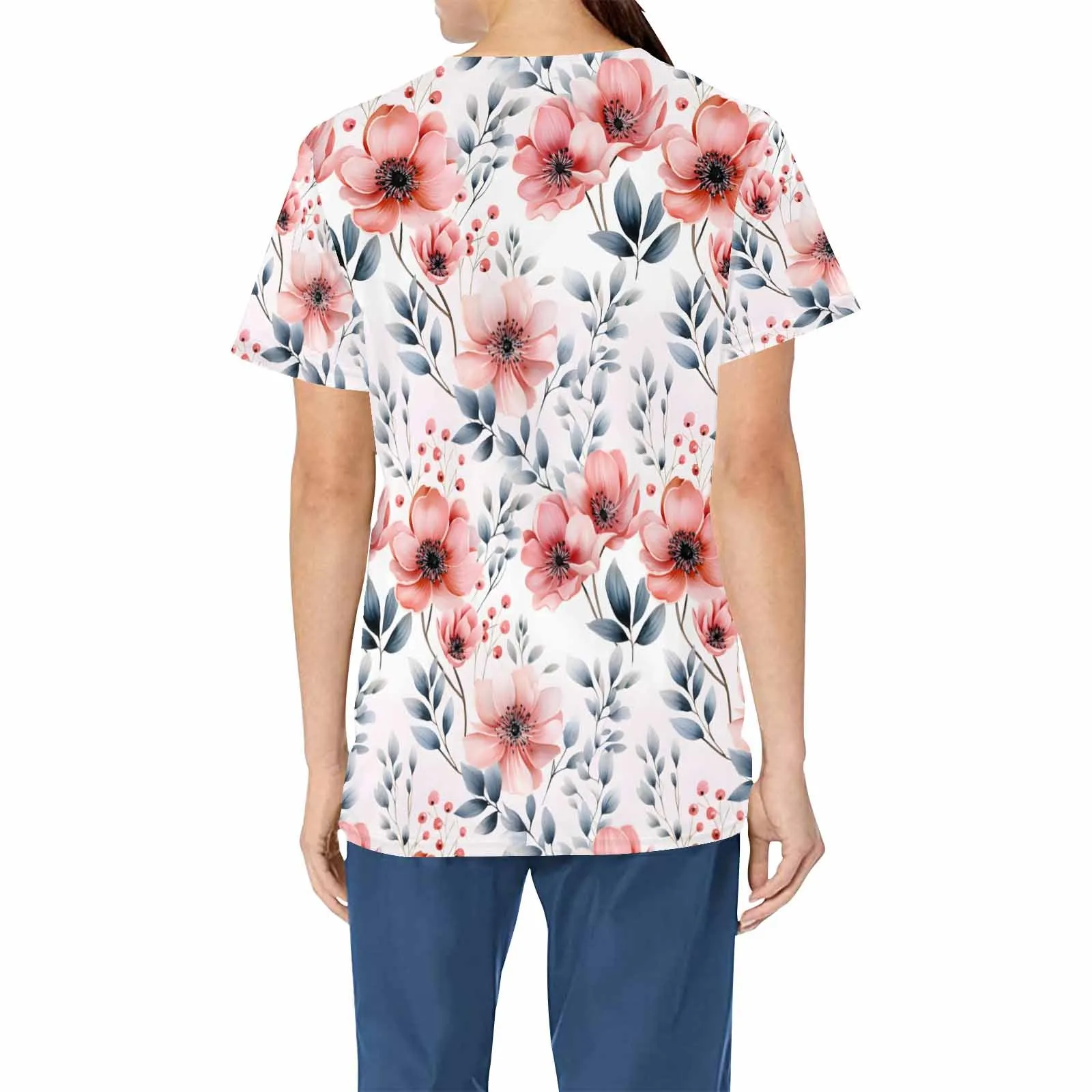 Pink and Grey Floral  Women's V Neck Scrub Top Nurse Uniform with Deep Front Pockets