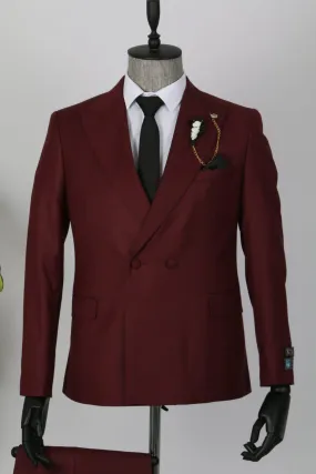 Plain Maroon double breasted Suit by Senzo Rivoli