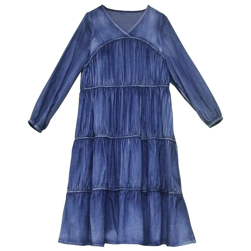 Pleated V-Neck Lantern Sleeve Midi Denim Dress